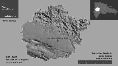 San Juan 'ın şekli, Dominik Cumhuriyeti ili ve başkenti. Uzaklık ölçeği, ön gösterimler ve etiketler. Çift seviyeli yükseklik haritası. 3B görüntüleme