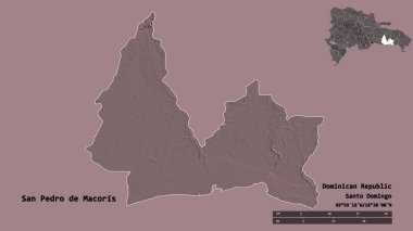 Dominik Cumhuriyeti 'nin başkenti San Pedro de Macoris' in sağlam arka planda izole edilmiş hali. Uzaklık ölçeği, bölge önizlemesi ve etiketleri. Renkli yükseklik haritası. 3B görüntüleme