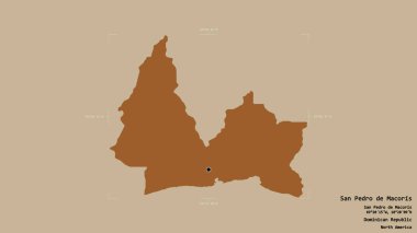 San Pedro de Macoris bölgesi, Dominik Cumhuriyeti eyaleti, katı bir arka planda izole edilmiş bir sınır kutusunda. Etiketler. Desenli dokuların bileşimi. 3B görüntüleme