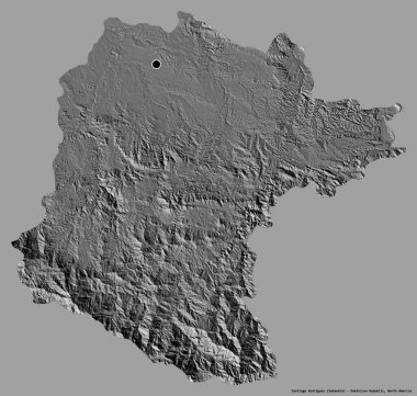 Santiago Rodriguez 'in şekli, Dominik Cumhuriyeti' nin başkenti, koyu renk arka planda izole edilmiş. Çift seviyeli yükseklik haritası. 3B görüntüleme