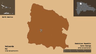 Valverde 'nin şekli, Dominik Cumhuriyeti ili ve başkenti. Uzaklık ölçeği, ön gösterimler ve etiketler. Desenli dokuların bileşimi. 3B görüntüleme