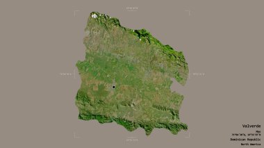 Valverde bölgesi, Dominik Cumhuriyeti, katı bir arka planda izole edilmiş bir sınır kutusunda. Etiketler. Uydu görüntüleri. 3B görüntüleme