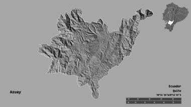 Azuay, Ekvador eyaleti, başkenti katı arka planda izole edilmiş. Uzaklık ölçeği, bölge önizlemesi ve etiketleri. Çift seviyeli yükseklik haritası. 3B görüntüleme
