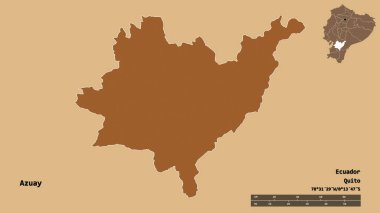 Azuay, Ekvador eyaleti, başkenti katı arka planda izole edilmiş. Uzaklık ölçeği, bölge önizlemesi ve etiketleri. Desenli dokuların bileşimi. 3B görüntüleme