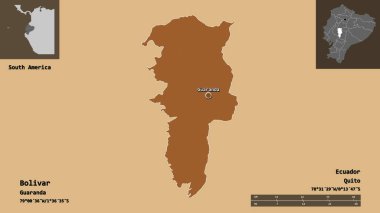 Bolivar 'ın şekli, Ekvador ili ve başkenti. Uzaklık ölçeği, ön gösterimler ve etiketler. Desenli dokuların bileşimi. 3B görüntüleme