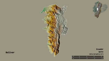 Ekvador 'un Bolivar eyaleti, başkenti sağlam bir zemin üzerinde izole edilmiştir. Uzaklık ölçeği, bölge önizlemesi ve etiketleri. Topografik yardım haritası. 3B görüntüleme