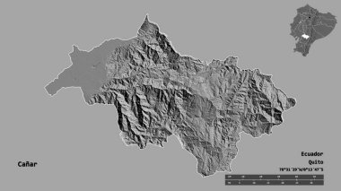 Canar 'ın şekli, Ekvador eyaleti, başkenti sağlam bir zemin üzerinde izole edilmiş. Uzaklık ölçeği, bölge önizlemesi ve etiketleri. Çift seviyeli yükseklik haritası. 3B görüntüleme