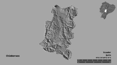 Ekvador 'un Chimborazo eyaleti, başkenti sağlam bir zemin üzerinde izole edilmiştir. Uzaklık ölçeği, bölge önizlemesi ve etiketleri. Çift seviyeli yükseklik haritası. 3B görüntüleme