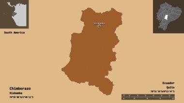 Chimborazo 'nun şekli, Ekvador ili ve başkenti. Uzaklık ölçeği, ön gösterimler ve etiketler. Desenli dokuların bileşimi. 3B görüntüleme
