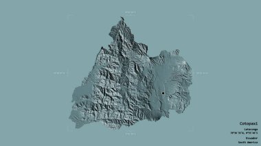 Cotopaxi bölgesi, Ekvador ili, katı bir arka planda izole edilmiş bir sınır kutusunda. Etiketler. Renkli yükseklik haritası. 3B görüntüleme