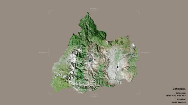 Cotopaxi bölgesi, Ekvador ili, katı bir arka planda izole edilmiş bir sınır kutusunda. Etiketler. Uydu görüntüleri. 3B görüntüleme