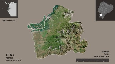El Oro 'nun şekli, Ekvador ili ve başkenti. Uzaklık ölçeği, ön gösterimler ve etiketler. Uydu görüntüleri. 3B görüntüleme
