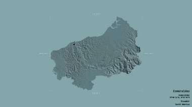 Esmeraldas bölgesi, Ekvador vilayeti, jeoreferatlı bir sınır kutusunda sağlam bir arka planda izole edilmiştir. Etiketler. Renkli yükseklik haritası. 3B görüntüleme