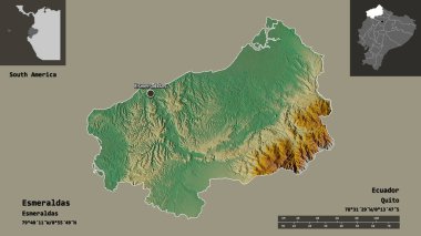 Esmeraldas 'ın şekli, Ekvador ili ve başkenti. Uzaklık ölçeği, ön gösterimler ve etiketler. Topografik yardım haritası. 3B görüntüleme