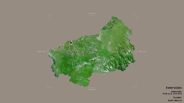 Esmeraldas bölgesi, Ekvador vilayeti, jeoreferatlı bir sınır kutusunda sağlam bir arka planda izole edilmiştir. Etiketler. Uydu görüntüleri. 3B görüntüleme