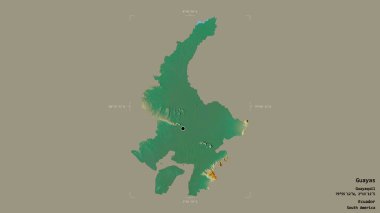 Guayas bölgesi, Ekvador vilayeti, jeoreferatlı bir sınır kutusunda sağlam bir arka planda izole edilmiş. Etiketler. Topografik yardım haritası. 3B görüntüleme