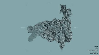 Loja bölgesi, Ekvador vilayeti, jeoreferatlı bir sınır kutusunun sağlam bir arka planında izole edilmiş. Etiketler. Renkli yükseklik haritası. 3B görüntüleme