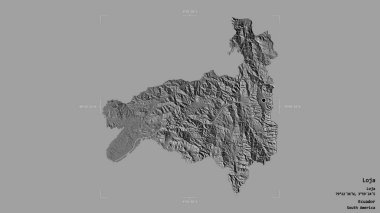 Loja bölgesi, Ekvador vilayeti, jeoreferatlı bir sınır kutusunun sağlam bir arka planında izole edilmiş. Etiketler. Çift seviyeli yükseklik haritası. 3B görüntüleme