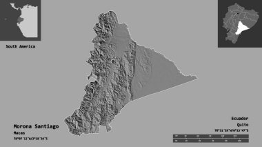 Morona Santiago 'nun şekli, Ekvador vilayeti ve başkenti. Uzaklık ölçeği, ön gösterimler ve etiketler. Çift seviyeli yükseklik haritası. 3B görüntüleme