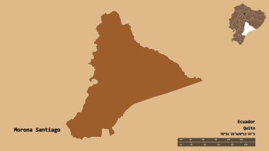 Morona Santiago 'nun şekli, Ekvador vilayeti, başkenti sağlam arka planda izole edilmiş. Uzaklık ölçeği, bölge önizlemesi ve etiketleri. Desenli dokuların bileşimi. 3B görüntüleme