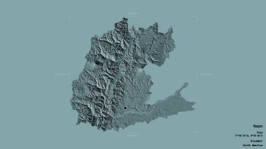 Napo bölgesi, Ekvador vilayeti, jeoreferatlı bir sınır kutusunda sağlam bir arka planda izole edilmiş. Etiketler. Renkli yükseklik haritası. 3B görüntüleme