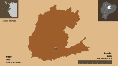 Napo 'nun şekli, Ekvador vilayeti ve başkenti. Uzaklık ölçeği, ön gösterimler ve etiketler. Desenli dokuların bileşimi. 3B görüntüleme