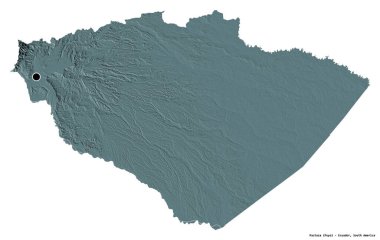 Başkenti beyaz arka planda izole edilmiş Pastaza, Ekvador vilayeti. Renkli yükseklik haritası. 3B görüntüleme
