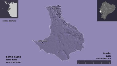 Santa Elena 'nın şekli, Ekvador vilayeti ve başkenti. Uzaklık ölçeği, ön gösterimler ve etiketler. Renkli yükseklik haritası. 3B görüntüleme