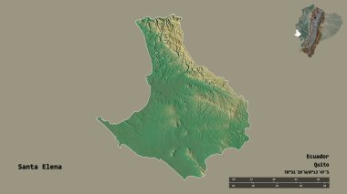 Santa Elena 'nın şekli, Ekvador vilayeti, başkenti sağlam arka planda izole edilmiş. Uzaklık ölçeği, bölge önizlemesi ve etiketleri. Topografik yardım haritası. 3B görüntüleme