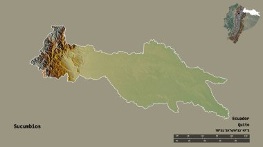 Sucumbios 'un şekli, Ekvador vilayeti, başkenti sağlam bir zemin üzerinde izole edilmiş. Uzaklık ölçeği, bölge önizlemesi ve etiketleri. Topografik yardım haritası. 3B görüntüleme