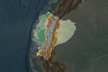 Ekvador 'un şekli, komşu bölgelerin dedoygunluğuyla ayrılır. Sınırlar. Topografik yardım haritası. 3B görüntüleme