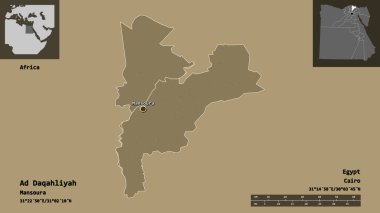 Ad Daqahliyah 'ın şekli, Mısır valisi ve başkenti. Uzaklık ölçeği, ön gösterimler ve etiketler. Renkli yükseklik haritası. 3B görüntüleme