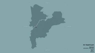 Ad Daqahliyah bölgesi, Mısır valisi, katı bir arka planda izole edilmiş bir sınır kutusunda. Etiketler. Renkli yükseklik haritası. 3B görüntüleme