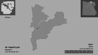 Ad Daqahliyah 'ın şekli, Mısır valisi ve başkenti. Uzaklık ölçeği, ön gösterimler ve etiketler. Çift seviyeli yükseklik haritası. 3B görüntüleme