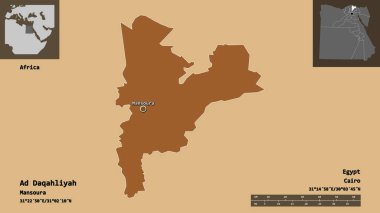 Ad Daqahliyah 'ın şekli, Mısır valisi ve başkenti. Uzaklık ölçeği, ön gösterimler ve etiketler. Desenli dokuların bileşimi. 3B görüntüleme