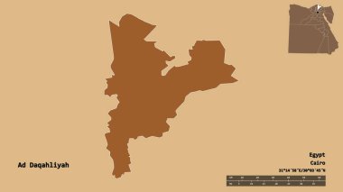 Mısır valisi Ad Daqahliyah 'ın şekli, başkenti sağlam arka planda izole edilmiştir. Uzaklık ölçeği, bölge önizlemesi ve etiketleri. Desenli dokuların bileşimi. 3B görüntüleme