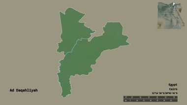 Mısır valisi Ad Daqahliyah 'ın şekli, başkenti sağlam arka planda izole edilmiştir. Uzaklık ölçeği, bölge önizlemesi ve etiketleri. Topografik yardım haritası. 3B görüntüleme