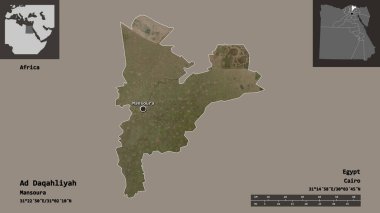 Ad Daqahliyah 'ın şekli, Mısır valisi ve başkenti. Uzaklık ölçeği, ön gösterimler ve etiketler. Uydu görüntüleri. 3B görüntüleme