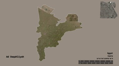 Mısır valisi Ad Daqahliyah 'ın şekli, başkenti sağlam arka planda izole edilmiştir. Uzaklık ölçeği, bölge önizlemesi ve etiketleri. Uydu görüntüleri. 3B görüntüleme