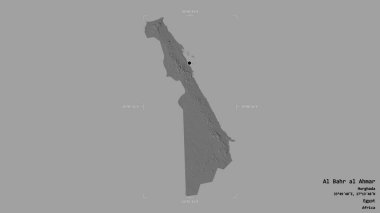 Mısır valisi Al Bahr al Ahmar 'ın bölgesi, katı bir arka planda izole edilmiş bir sınır kutusunda. Etiketler. Çift seviyeli yükseklik haritası. 3B görüntüleme