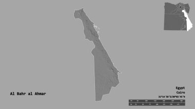 Mısır valisi Al Bahr al Ahmar 'ın şekli, sermayesi sağlam bir arka planda izole edilmiş. Uzaklık ölçeği, bölge önizlemesi ve etiketleri. Çift seviyeli yükseklik haritası. 3B görüntüleme