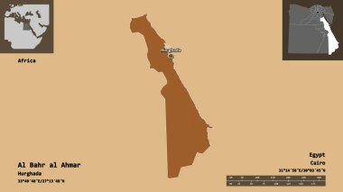 Al Bahr al Ahmar 'ın şekli, Mısır valisi ve başkenti. Uzaklık ölçeği, ön gösterimler ve etiketler. Desenli dokuların bileşimi. 3B görüntüleme