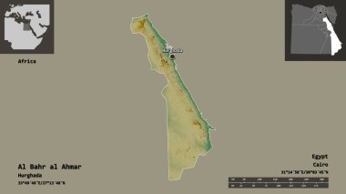 Al Bahr al Ahmar 'ın şekli, Mısır valisi ve başkenti. Uzaklık ölçeği, ön gösterimler ve etiketler. Topografik yardım haritası. 3B görüntüleme