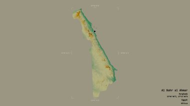 Mısır valisi Al Bahr al Ahmar 'ın bölgesi, katı bir arka planda izole edilmiş bir sınır kutusunda. Etiketler. Topografik yardım haritası. 3B görüntüleme