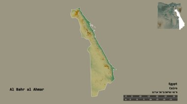 Mısır valisi Al Bahr al Ahmar 'ın şekli, sermayesi sağlam bir arka planda izole edilmiş. Uzaklık ölçeği, bölge önizlemesi ve etiketleri. Topografik yardım haritası. 3B görüntüleme