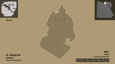 Al Buhayrah 'ın şekli, Mısır valisi ve başkenti. Uzaklık ölçeği, ön gösterimler ve etiketler. Renkli yükseklik haritası. 3B görüntüleme