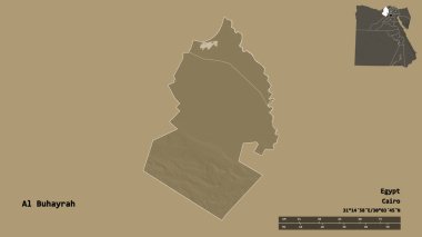 Mısır valisi Al Buhayrah 'ın şekli, başkenti sağlam bir zemine sahip. Uzaklık ölçeği, bölge önizlemesi ve etiketleri. Renkli yükseklik haritası. 3B görüntüleme