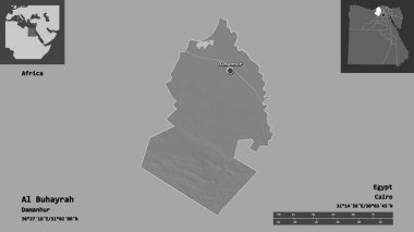 Al Buhayrah 'ın şekli, Mısır valisi ve başkenti. Uzaklık ölçeği, ön gösterimler ve etiketler. Çift seviyeli yükseklik haritası. 3B görüntüleme