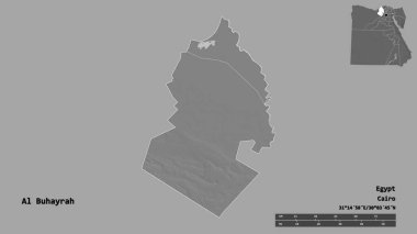 Mısır valisi Al Buhayrah 'ın şekli, başkenti sağlam bir zemine sahip. Uzaklık ölçeği, bölge önizlemesi ve etiketleri. Çift seviyeli yükseklik haritası. 3B görüntüleme