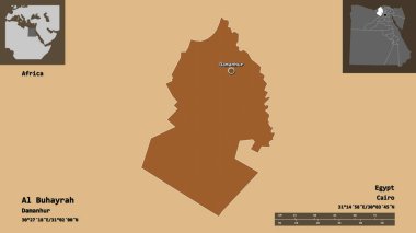 Al Buhayrah 'ın şekli, Mısır valisi ve başkenti. Uzaklık ölçeği, ön gösterimler ve etiketler. Desenli dokuların bileşimi. 3B görüntüleme